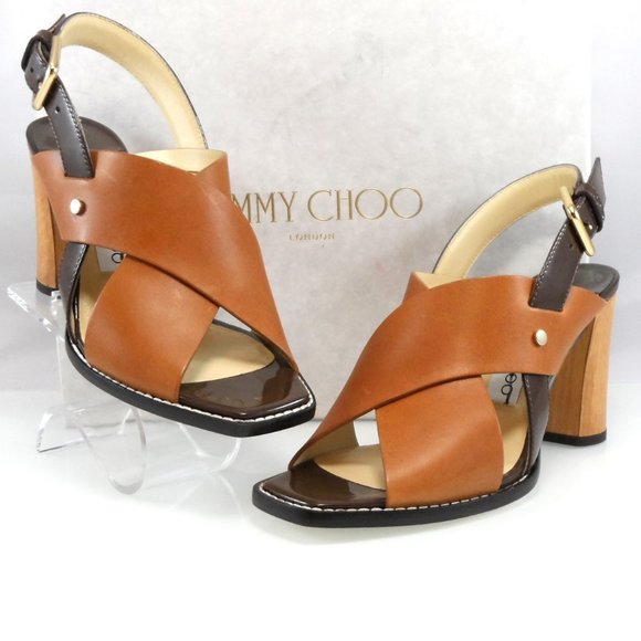 NIB$945 JIMMY CHOO Aix 85 Cross Strap Slingback Sandals Brown Mix Leather 36.5 - Picture 15 of 16